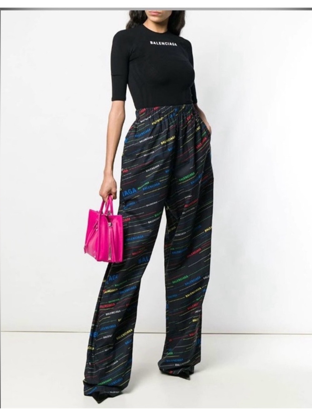 Balenciaga Black Wide-Leg Logo-Print Pants with Multicolor Text